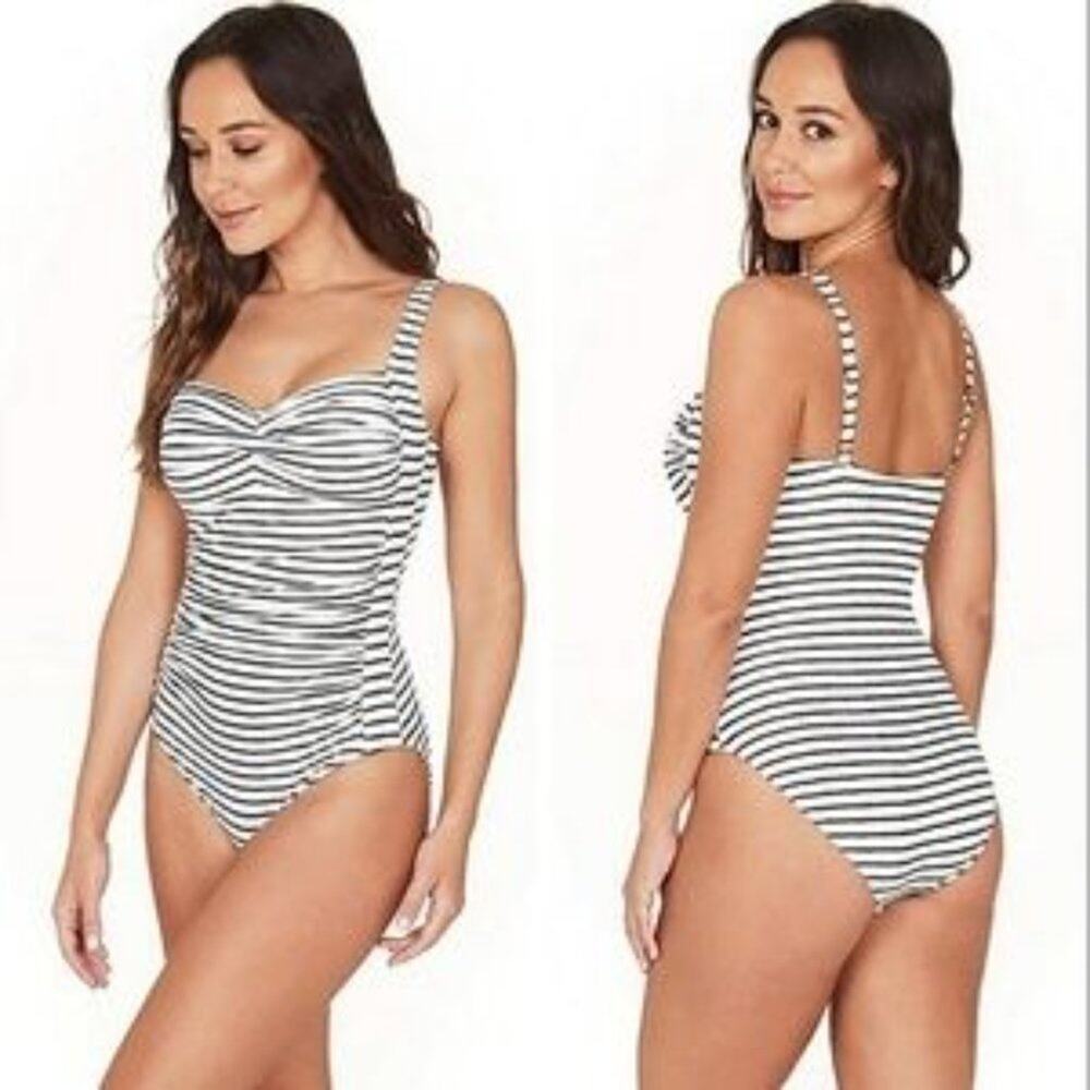 Niptuck one piece black and white striped twist front bikini cut‎ swimsuit